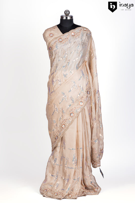 Champagne Elegance Satin Crepe Saree