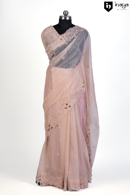 Peach Perfection Organza Saree with Silver Embellishments