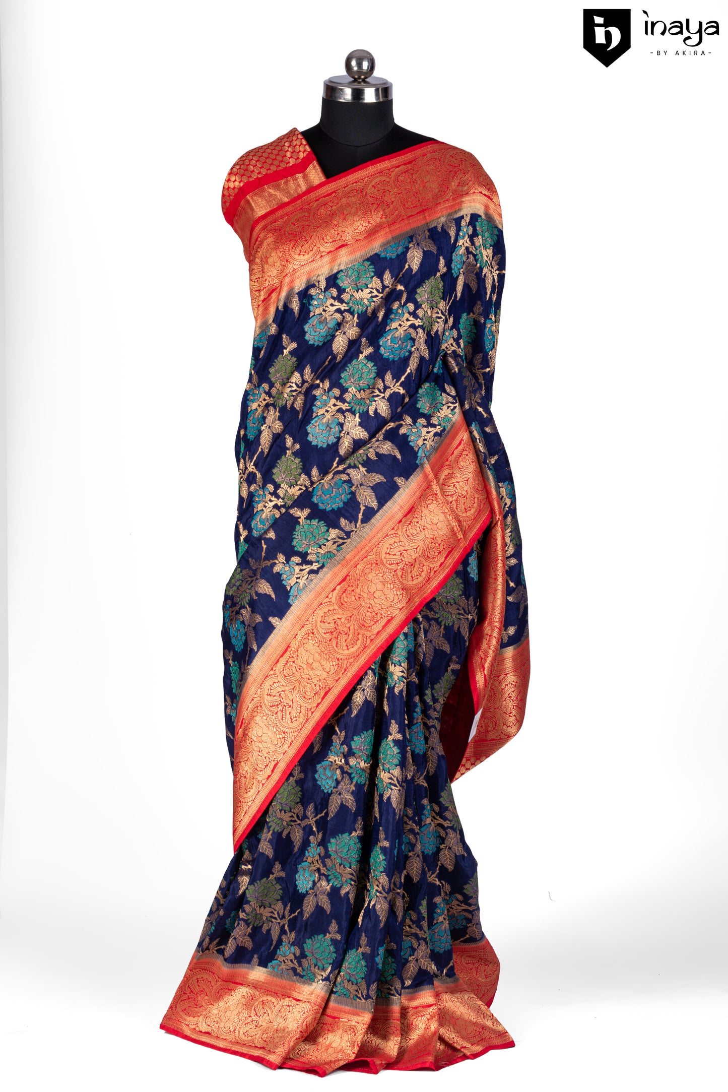 Navy Elegance Banarasi Silk Saree with Rustic Red Accents