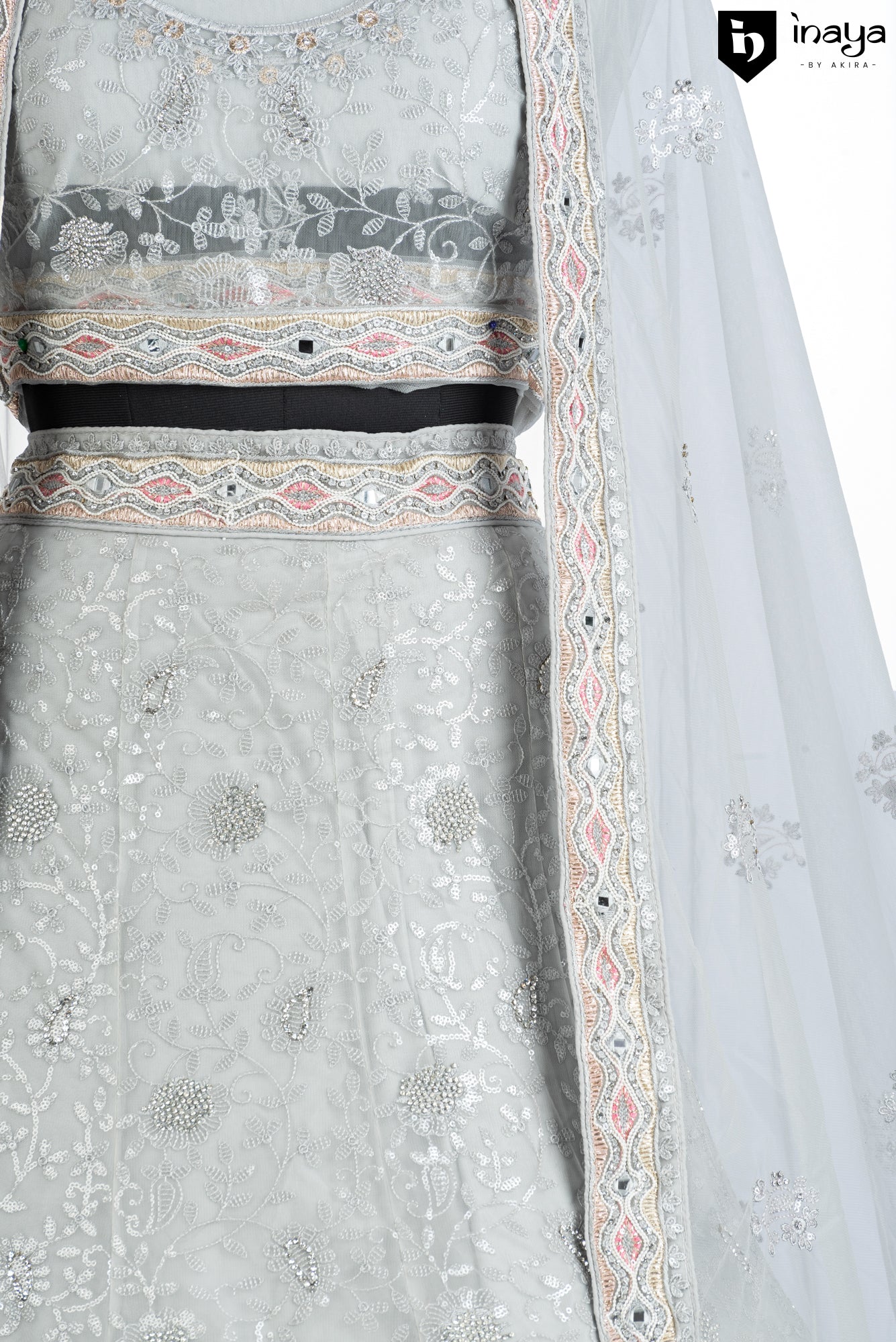 Moonlit Gleam: Silver Net Semi-Stitched Lehenga with Delicate Embroidery