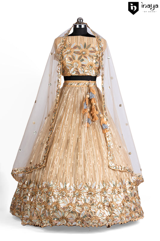 Elegant Gold-Toned Net Semi-Stitched Lehenga