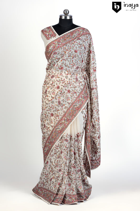 Ivory Georgette Saree with Traditional Print