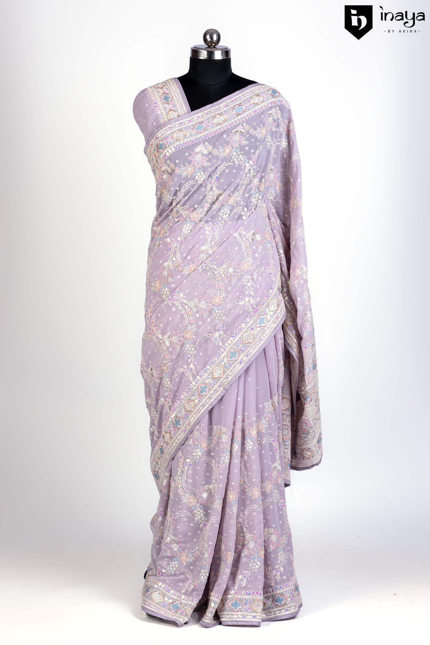 Lavender Georgette Saree with Intricate Pastel Embroidery