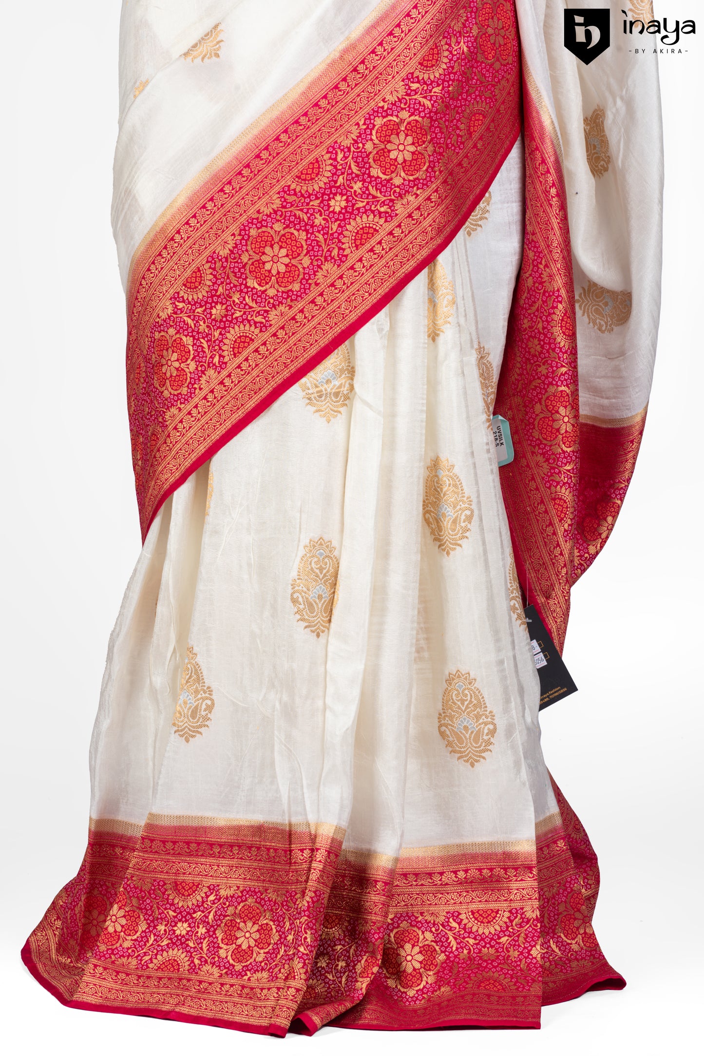 Ivory Grace Banarasi Silk Saree with Crimson Borders