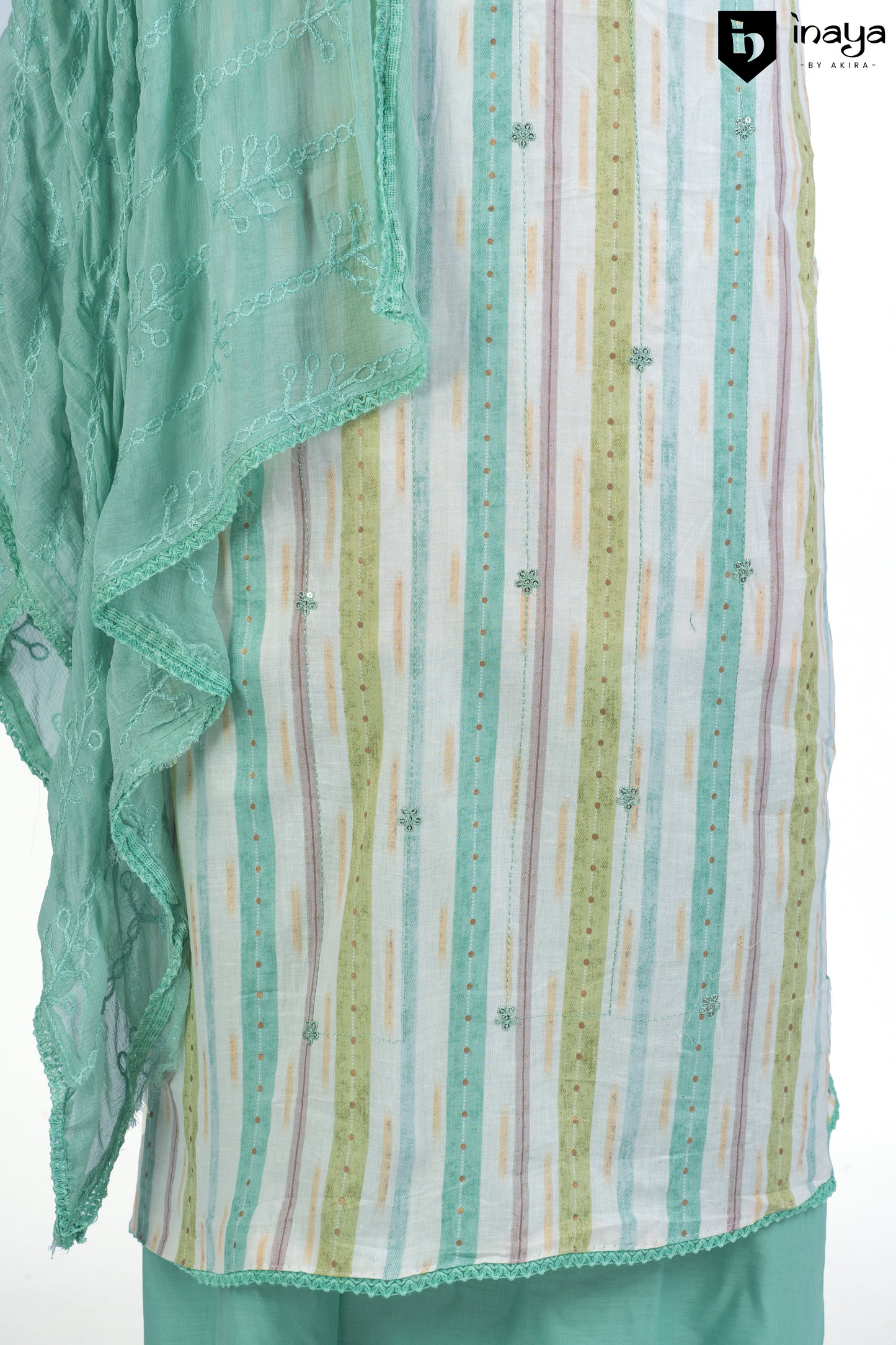 Mint Medley Cotton Suit Set with Striped Dupatta