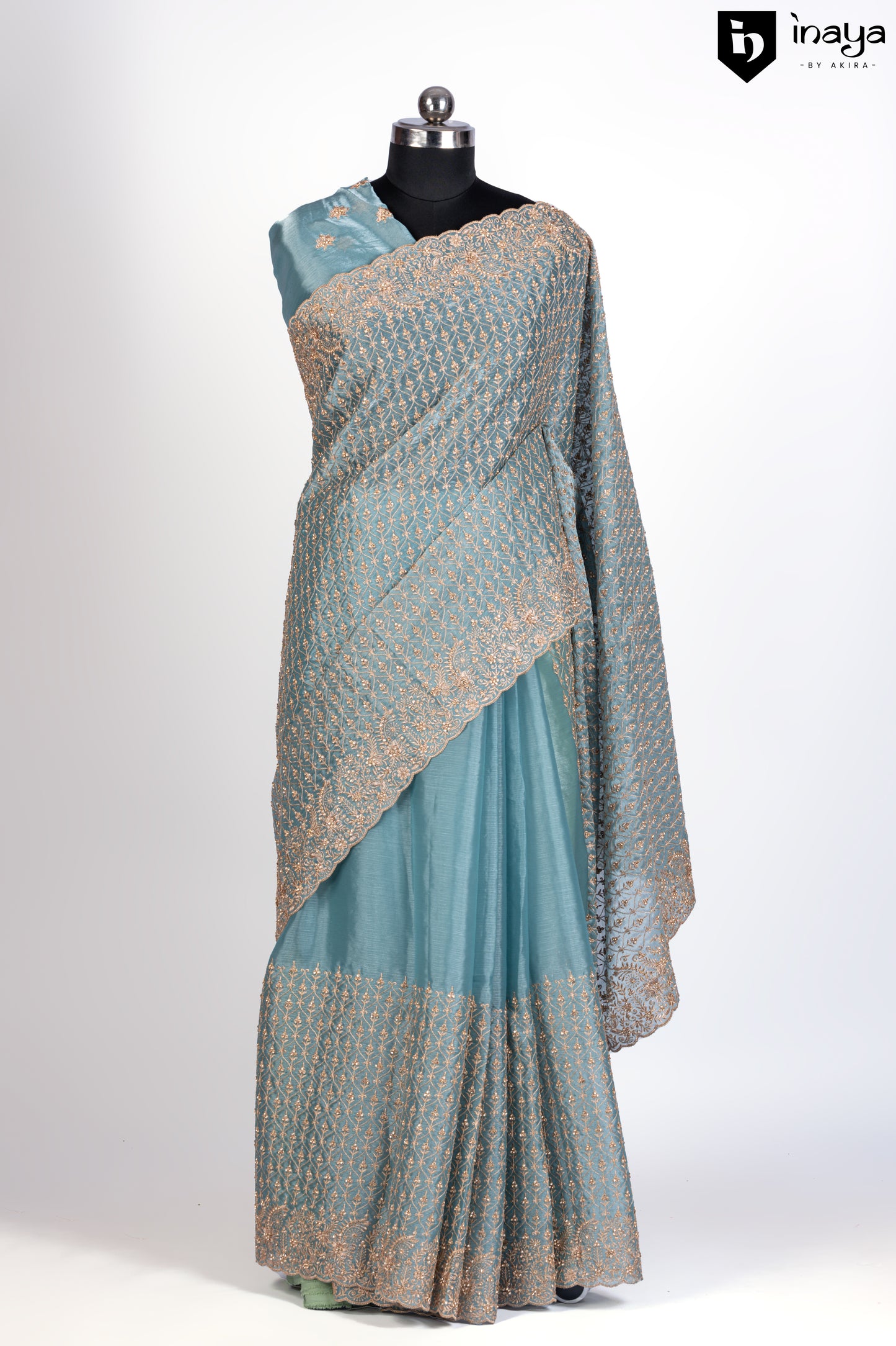 Aqua Mist Organza Saree with Golden Embellishments