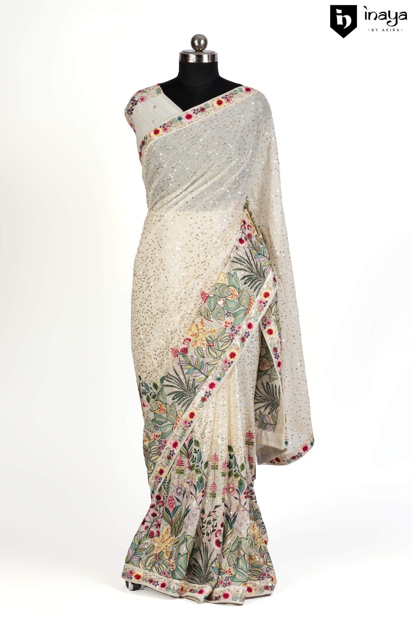 Ivory Oasis Georgette Saree with Botanical Embroidery