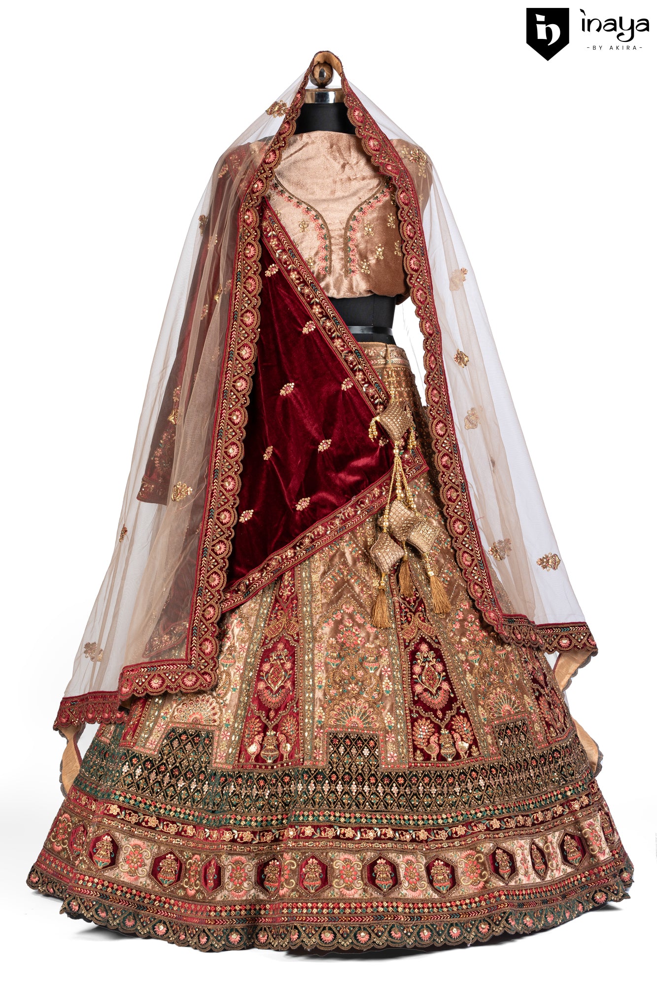 Regal Maroon Velvet Semi-Stitched Bridal Lehenga with Golden Embroidery