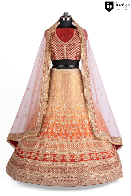 Mocha and Ice: Mocha Raw Silk Semi-Stitched Bridal Lehenga with Ice Orange Dupatta