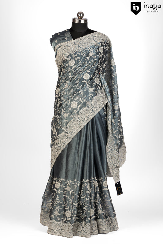 Elegant Grey Organza Saree with Floral Embroidery